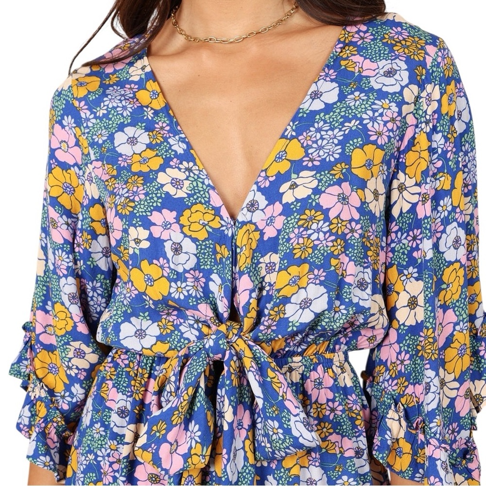Petal & Pup Blue Floral Tuily Long Sleeve Ruffle Romper Size Small - Picture 5 of 10